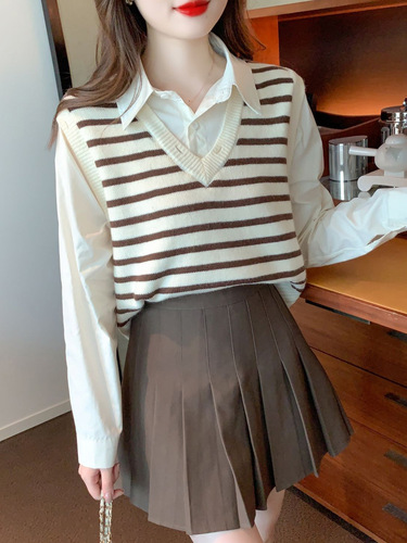Vest vest autumn new design niche outer wear knitted striped loose v-neck fake two-piece shirt for women