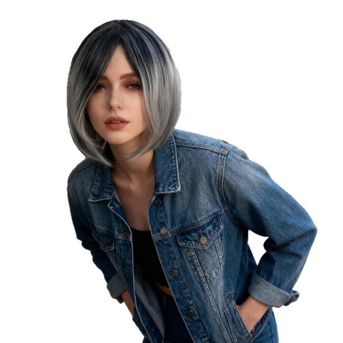European and American women's parting short synthetic hair cap black and gray gradient color bobo short straight wig factory stock