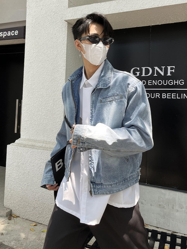 Leather-jacket minority design relaxed fit short-sleeve autumn retro distressed denim jacket for men with an Insta cool style