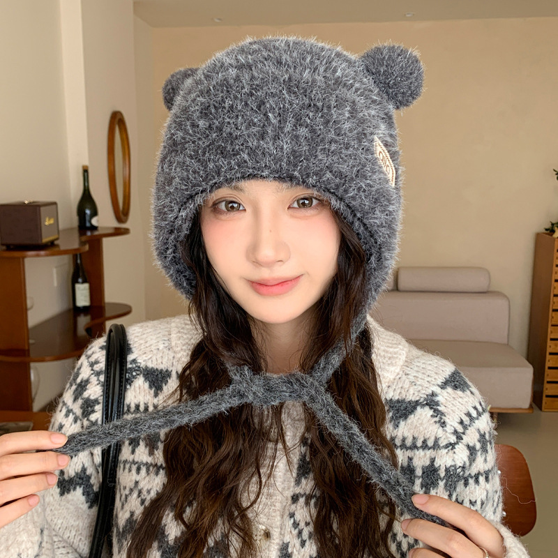 冬天帽子女款时尚百搭大头围针织帽毛绒小熊耳朵毛线帽休闲保暖帽|undefined