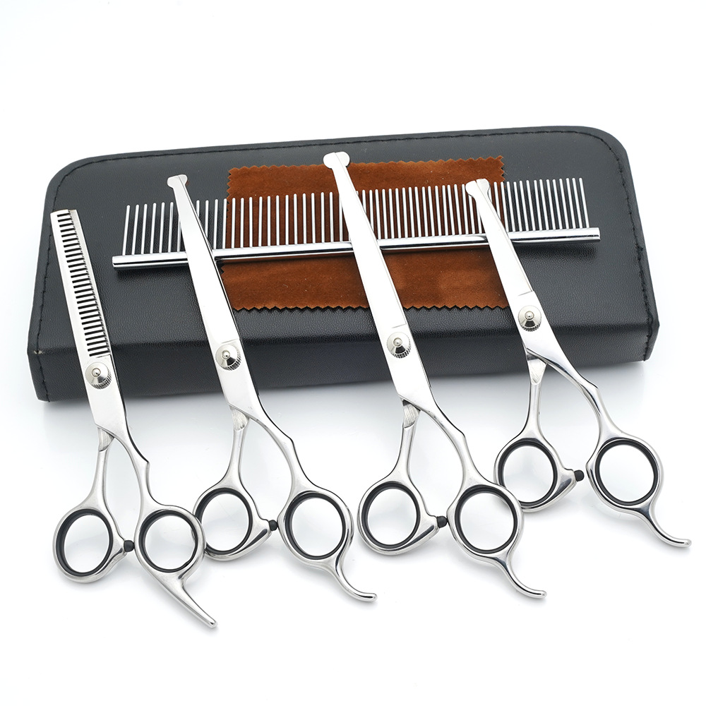 Tijeras de cuidado de mascotas al por mayor de fábrica, tijeras planas de corte de pelo de perro, tijeras de dientes finas, tijeras de colores, herramientas de corte de pelo de gato