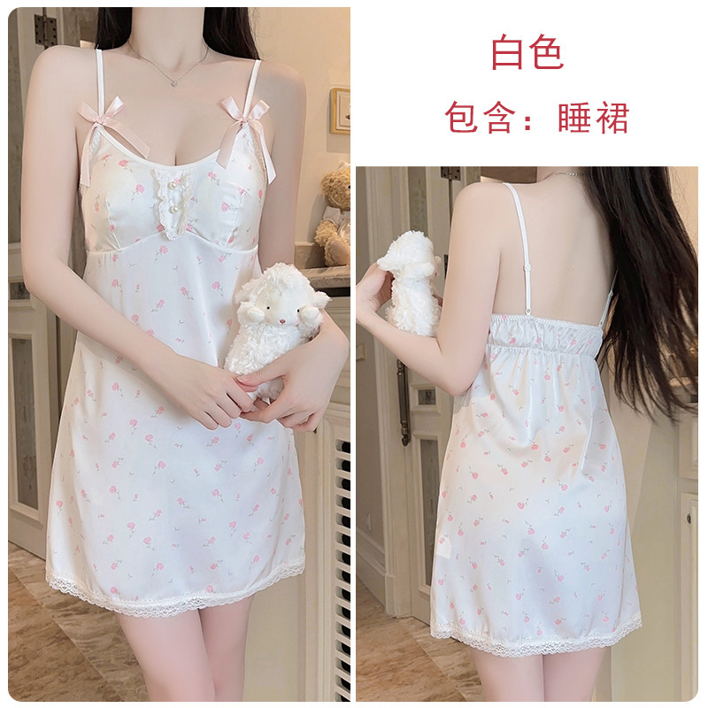 瑰若甜美轻奢印花冰丝内衣激情火辣加胸垫吊带睡裙家居套装XK5832|undefined