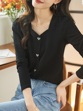 高級感黑色顯瘦長袖針織衫女秋季新款寬松時尚設計感簡約V領上衣