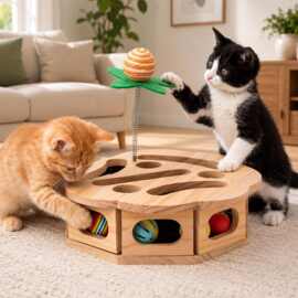 实木猫转盘轨道球玩具带弹簧剑麻逗猫棒猫咪自嗨益智解闷互动用品