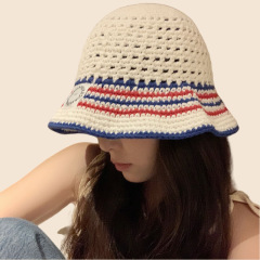 韓国のストライプの漁師の帽子の女性の夏の百合の透かし彫りの通気の2025新型の日よけの日焼け止めの顔の小さいたらいの帽子