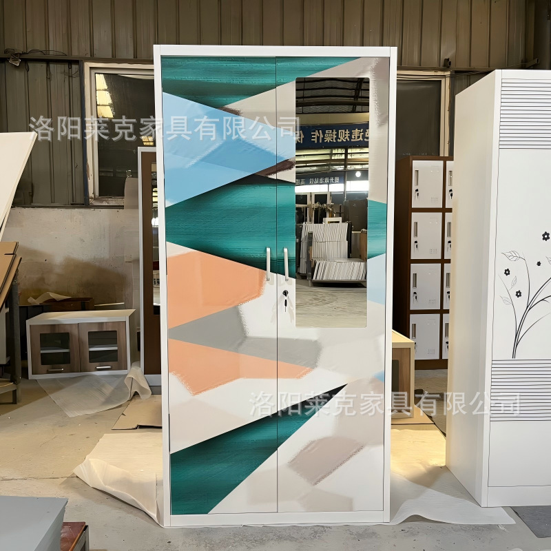 Gabinete de impresión de dos puertas deslizantes armario de acero espejo estética armario de almacenamiento de metal doméstico se puede personalizar simple armario de metal de viento image 3