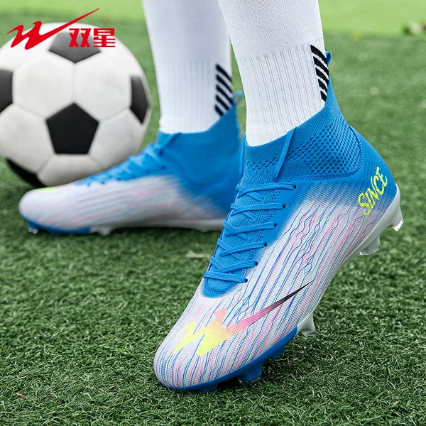 Double Star Football Shoes High-Top Ag Long Spike Youth and Children Outdoor Grass Training Shoes Non-Slip Student Sports Shoes for Men
