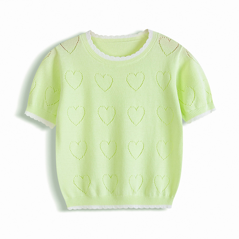 Camiseta hueca de amor de encaje de cuello redondo transfronterizo para niñas de manga corta de verano fino para niñas
