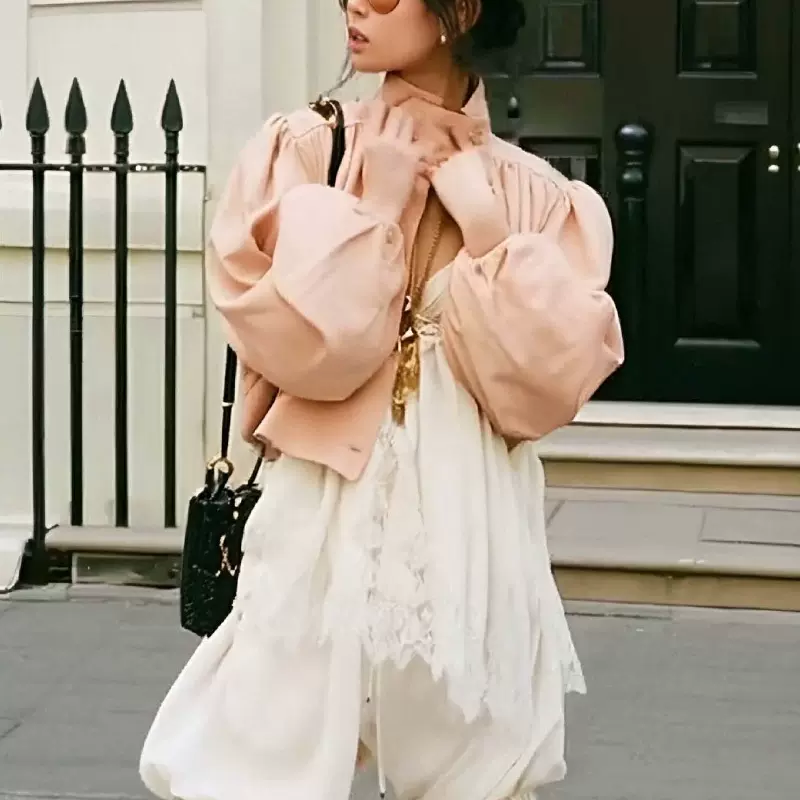 欧美2025秋冬时尚休闲感休闲纯色压褶小立领长袖短款通勤百搭外套