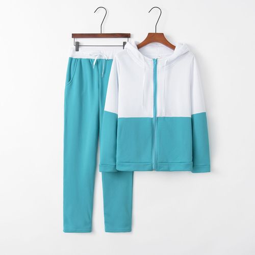 European and American Autumn/Winter Fashion Sporty Casual Padded Thick Splicing Contrast Color Hooded Pouch Zip Sweatshirt Set