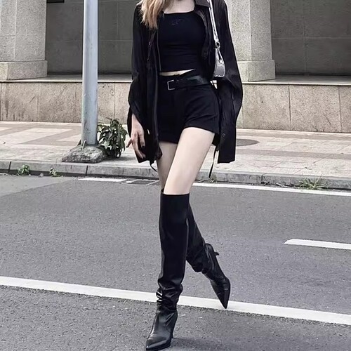 Fine heels, all-match autumn and winter, high tube folds, not reaching the knees, showing slimming season long boots, women's piled long boots, high heels, foreign style