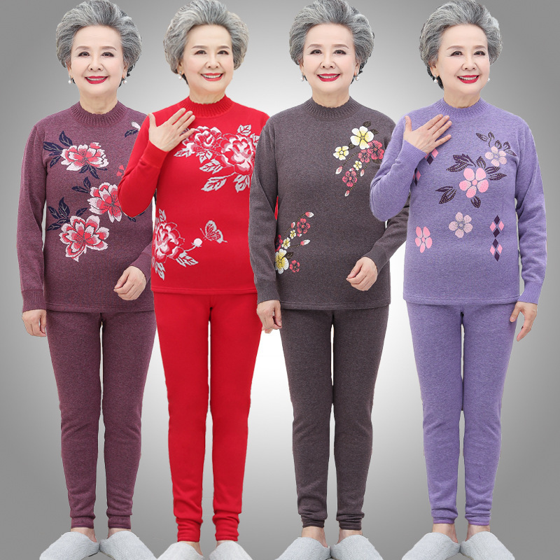 Middle-aged and elderly female mothers winter fleece-lined thermal underwear suit 60-year-old 70-year-old grandmother half-high collar padded autumn pants