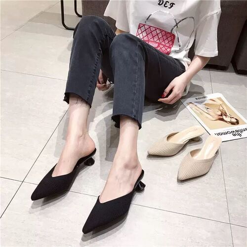 Half Slipper Women's Outerwear 2024 Trendy Knit Rough Heel Sandals Outerwear Pointed High Heels Women's Mule Shoes