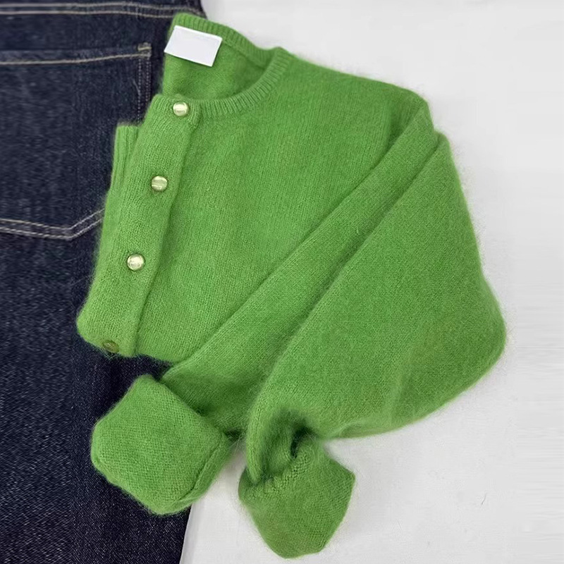 Gentle Wind Soft Waxy Green Crew Neck Knitted Cardigan Women's Autumn and Winter Lazy High-end Sweater Jacket Super Nice Top