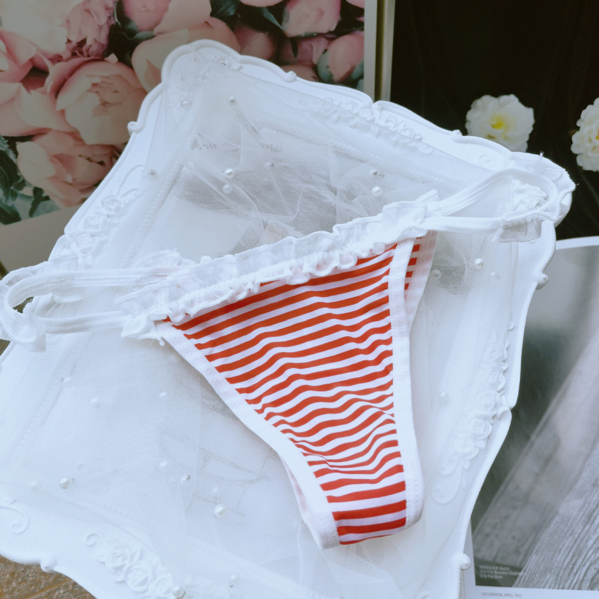 Japonés chica azul y blanco rayas ropa interior mujeres Navy estilo gasa Lolita lindo Tanga mujeres