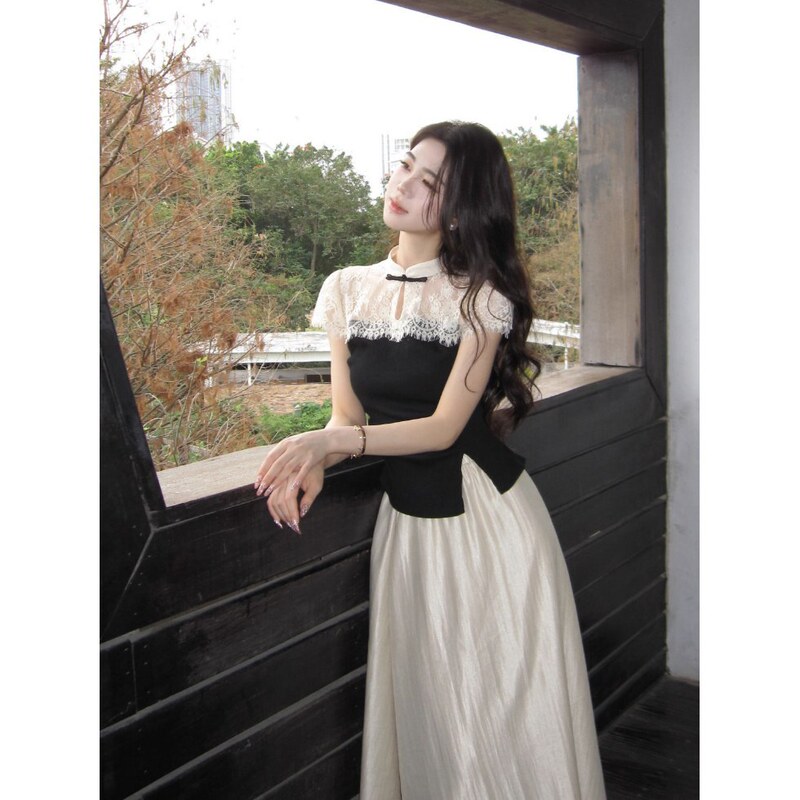 [Dead Wood Fengchun] New Chinese Style Lace Elegant Summer 2025 New Short Sleeve Top Casual A- line Skirt suit