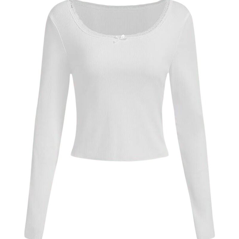 Amazon Women's Chest Bow Lace Collar Slim-fit Slimming Solid Color Long-sleeved Top Inner T-shirt