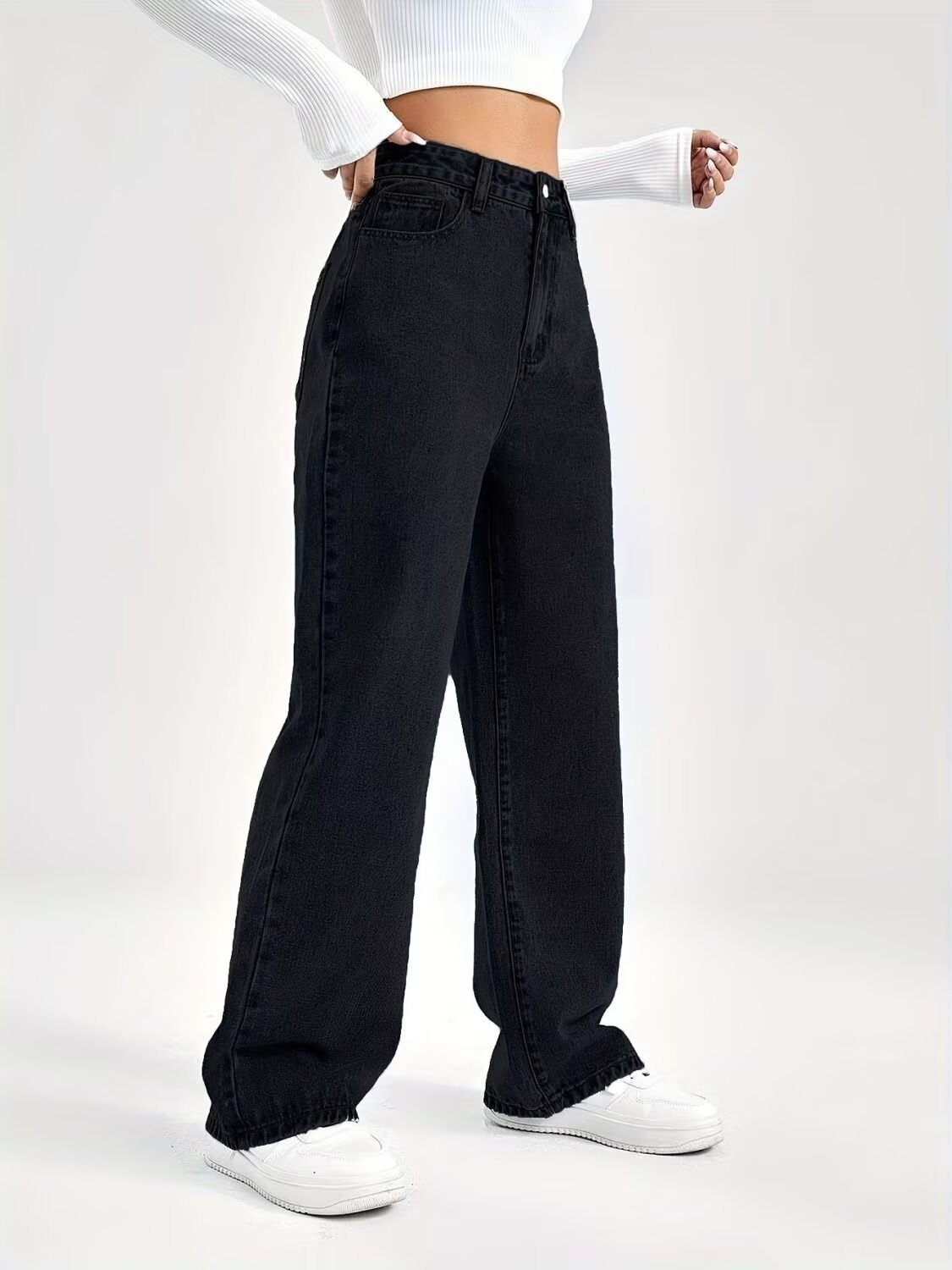 High-Waisted Straight Leg Jeans Women's Loose Fit Wide Leg Pants Solid Color European American Style Petite Size Autumn Winter_ecoleips.com