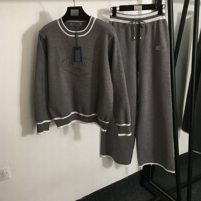 Nanyou New Knitted Sports suit Three-dimensional Logo Letter Pullover Long-sleeved Knitted Shirt High Waist Wide-leg Trousers