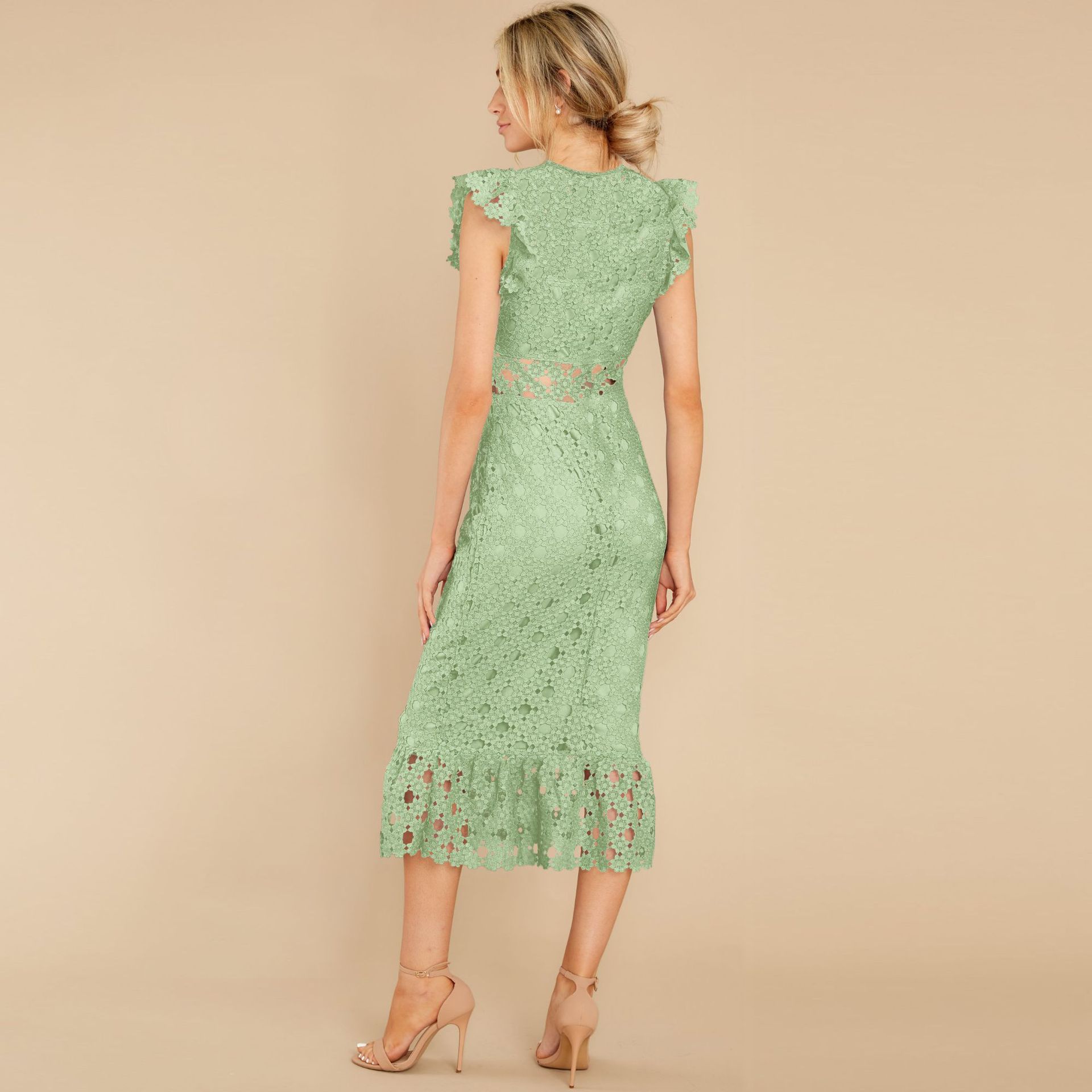 A-Line Skirt Dresses Type Petal Sleeve Sleeve Type Polyester Fabric Type Wholesale Women'S Fashion Lace Solid Color Holiday Street Round Neck Short Sleeve A-Line Skirt