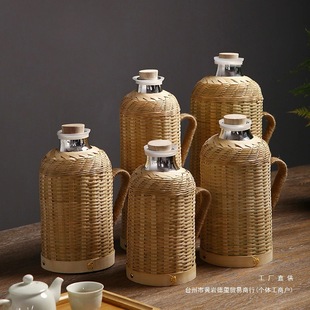 Hot Water Bottle Bamboo Woven Household Handmade Traditional Cork Water Kettle Tea Room Office Thermos Bottle Glass Liner Hot Water Water Kettle