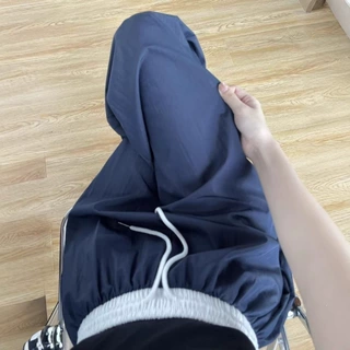 美式抽绳冰丝阔腿裤男夏天薄款垂坠感宽松直筒速干慵懒风休闲长裤