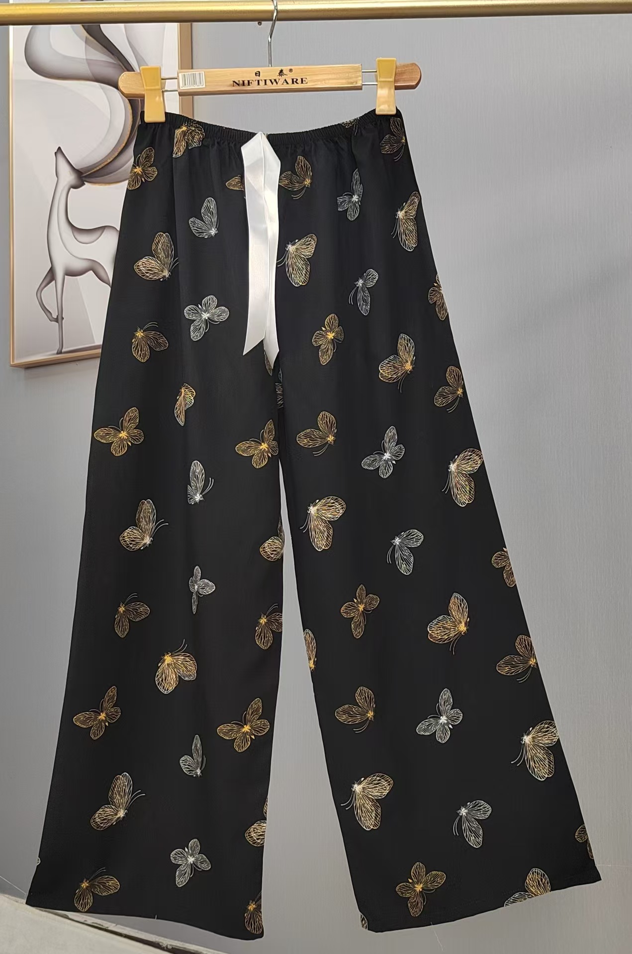 Pijama de seda de algodón para mujer, pantalones anchos de mujer embarazada de seda de algodón con estampado fino de verano