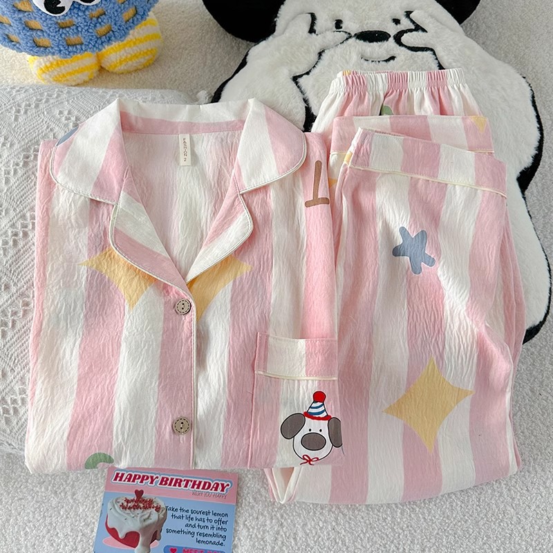 睡衣女款夏季纯棉纱布甜美可爱条纹粉色小狗短袖长裤三件套家居服