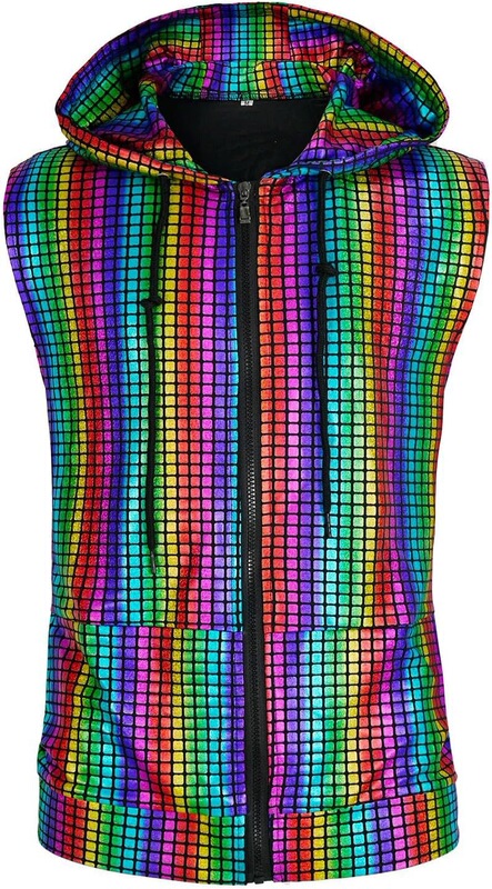 2026 New In-Stock Men's Disco Shiny Sleeveless Hooded Vest with Metal Zipper and Pockets