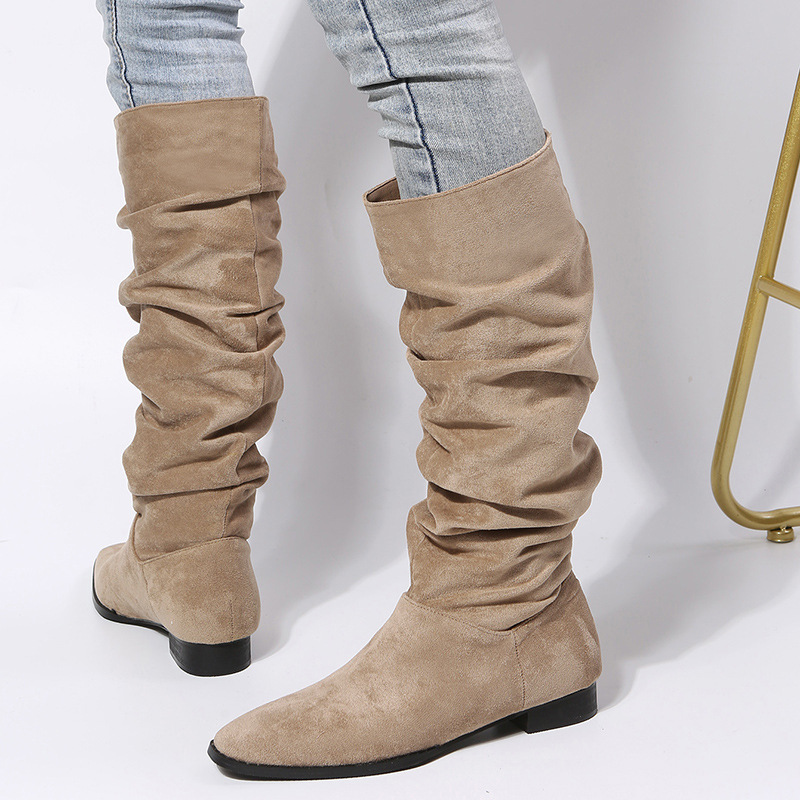 Damenschuhe Große Größe Mittellange Damen Lederstiefel Herbst und Winter Neue flache Sohle Spitzschuh Mode_voghion.com