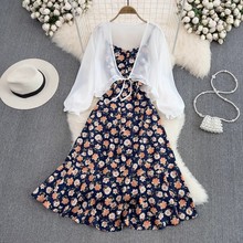 小清新款V领收腰露背a字荷叶边碎花吊带连衣裙两件套雪纺防晒开衫