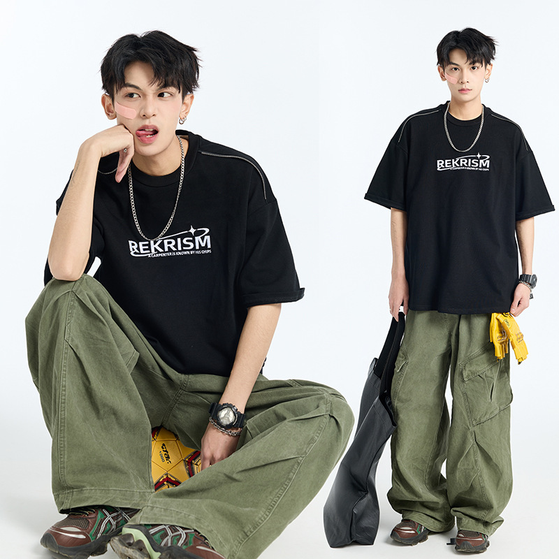 アルファベット刺繍半袖tシャツ男子夏の薄手の丸首五分袖上着の潮牌ゆるい半袖|undefined