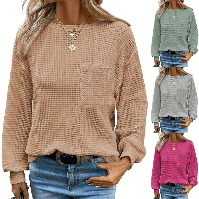 2024 Cross-Border New Women's Amazon Women's Waffle Solid Color Round Neck Pocket Casual Loose T-Shirt for Women