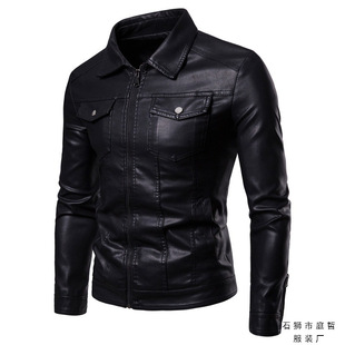Leather Men's Lapel cotton and thickening Men's Warm Wear Quilted Men's Motorcycle fleece-lined Leather Leather Jacket Trendy