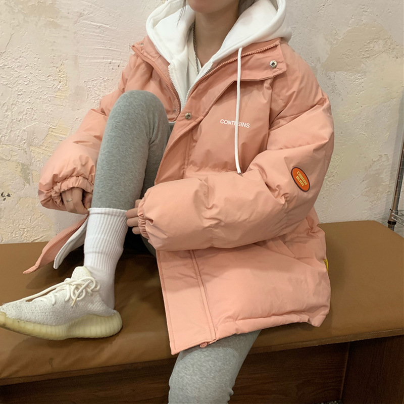 2025 nueva ropa de algodón de pluma de invierno de mujeres estudiantes falsos dos piezas de ropa de pan con capuz suelta chaqueta de algodón abrigo grueso image 3