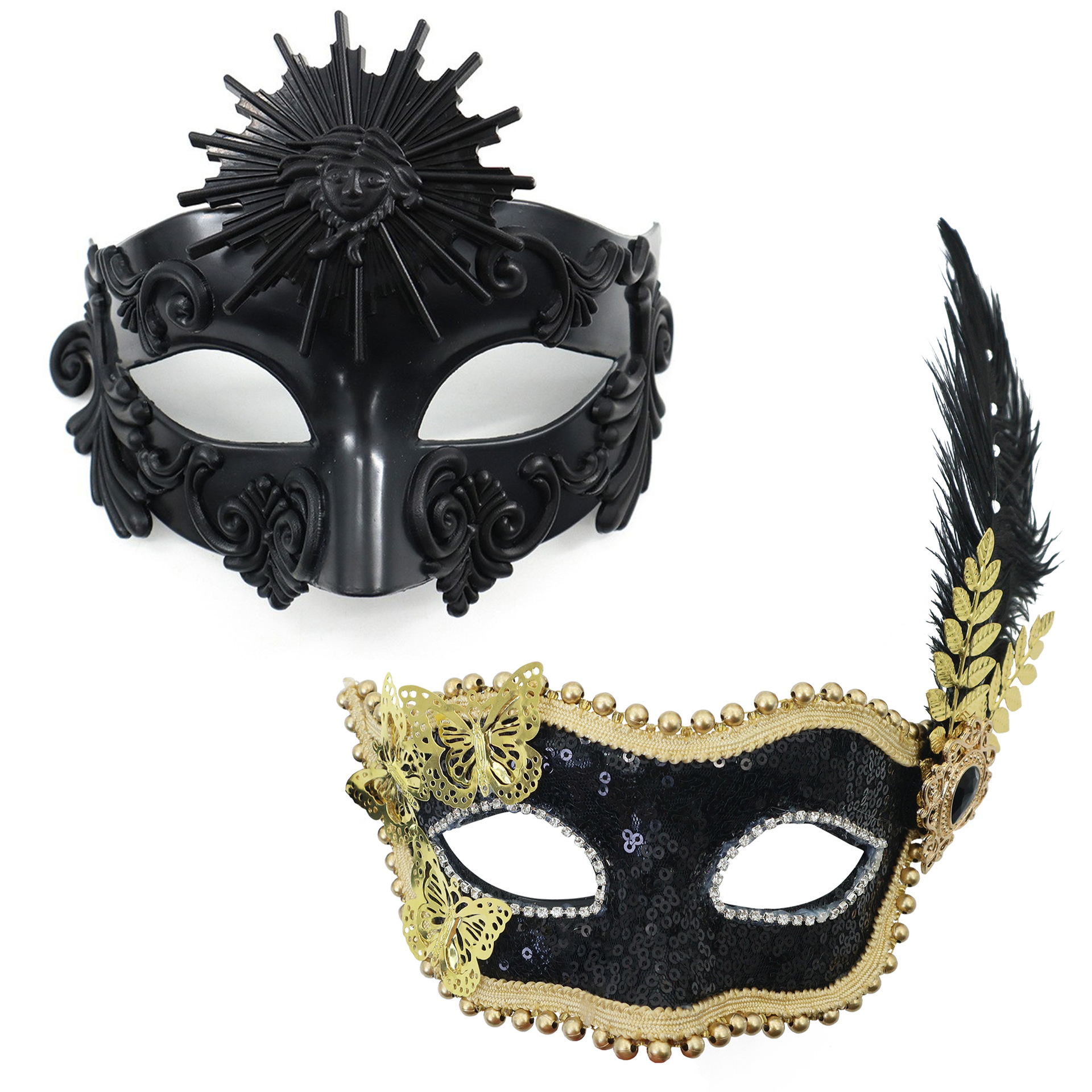 Amazon venta caliente carnaval borde lateral plumas metálicas mariposas retro máscaras de mitad de cara romana baile de maquillaje