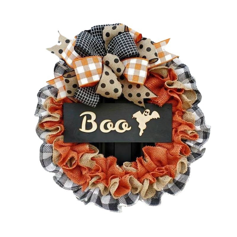 Maison & Jardin 2024 Nouvelle Couronne BOO Ornements de Porte Ruban en Tissu de Vacances Panneau en Bois Accessoires de Décoration d'Atmosphère_voghion.com