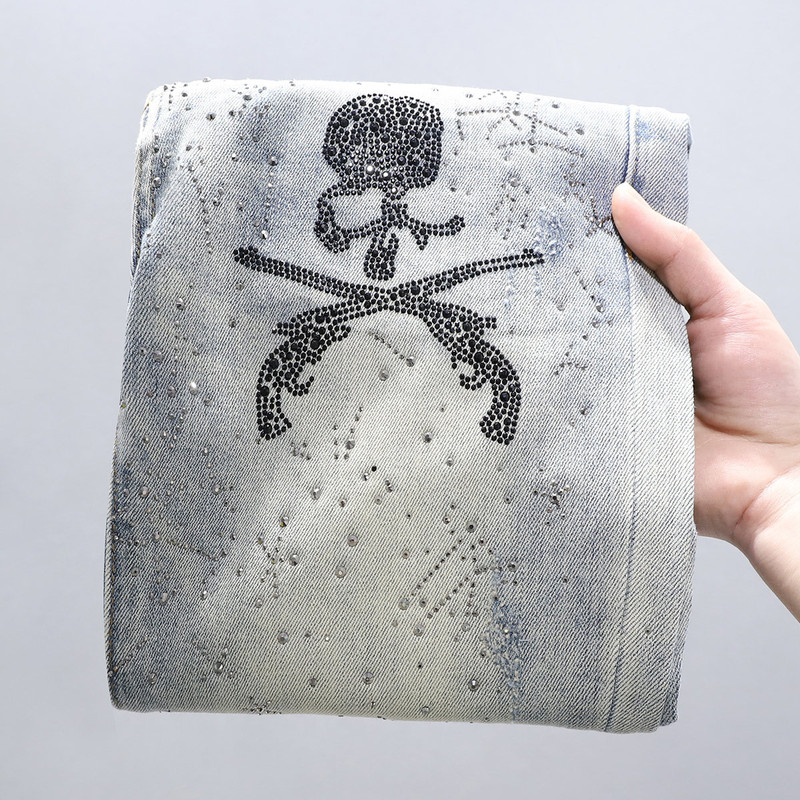 European 2025 Spring and Summer Fashion Personalized Skull Head Rhinting Light Color Jeans Men's Stretch Slim-fit Skinny Trousers