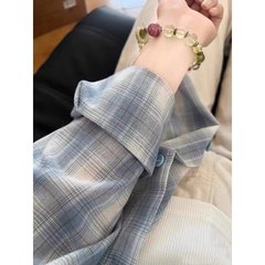 慵懒风复古长袖蓝色格子衬衫男女设计感宽松休闲春秋领上衣外套潮