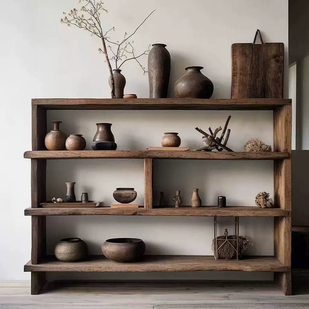 中古博古架老榆木复古茶具陶器展示架落地多层书架民宿禅意装饰架