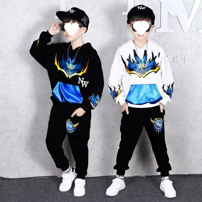 Детская одежда, костюмы для мальчиков, весенне-осенний свободный комплект из двух предметов, детская национальная модная толстовка в стиле хип-хоп среднего и большого размера
