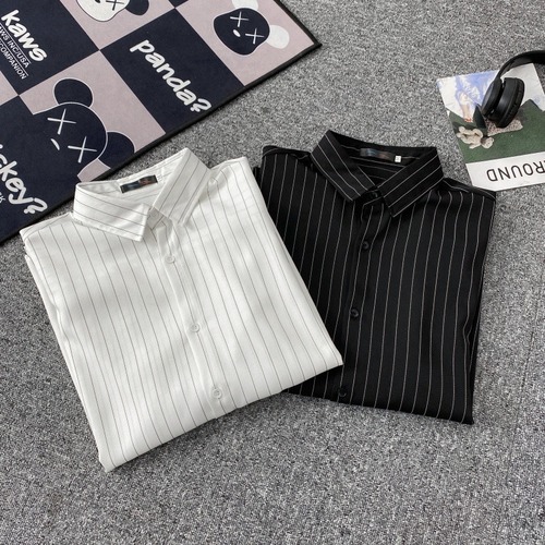 Summer Japanese Striped Casual Solid Color Short-Sleeve Shirt, Hong Kong Style Fresh Casual Literary Versatile Short-Sleeve Shirt