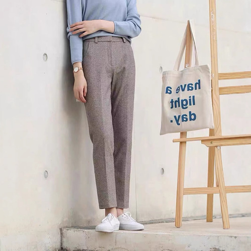 Autumn/Winter Human Character Pattern Thick Woolen Pants for Women, High-Waisted, Slim-Fitting Casual Straight Leg Suit, Nine-Inch Elegant Professional Pipe Pants