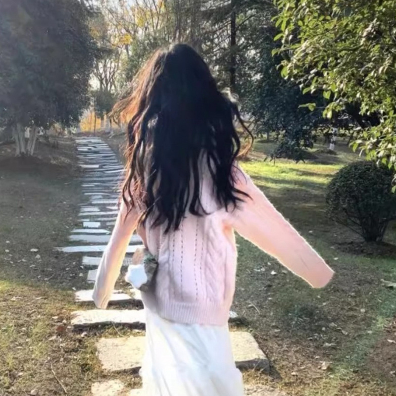 桃粉色 茶歇领毛衣显瘦开衫女2025早春宽松慵懒软糯麻花针织衫|undefined