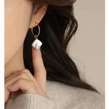 欧美轻奢天然淡水珍珠方粒耳环巴洛克耳饰潮大C银针时尚百搭耳坠