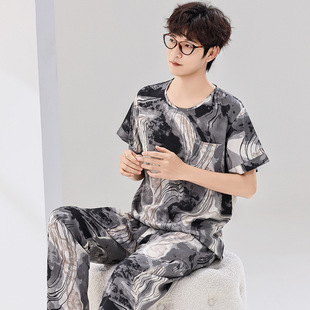 Artificial Cotton Men's Pajamas Short-sleeved Trousers suit Full-Person Cotton Silk Home Clothes Dad's Spring and Summer Day Pocket