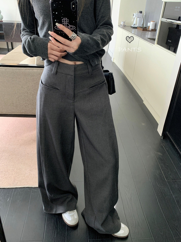 慵懒风垂感灰色西装裤休闲裤女春季百搭高腰阔腿裤直筒长裤拖地裤|undefined