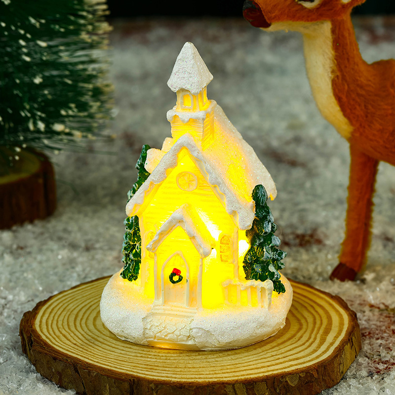 アマゾンの新しいクリスマス装飾樹脂の小さい家の小さい景観のクリスマスのアイデアの白い発光の小さい家のプレゼント|undefined