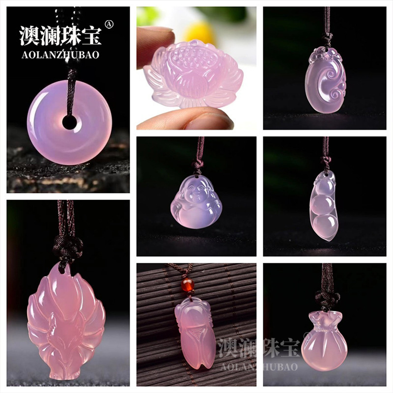 Factory Direct Sale of Natural Brazilian Agate Ice Pink Chalcedony Gourd Money Bag Pendant Jade Buddha Water Drop Fox Pendant