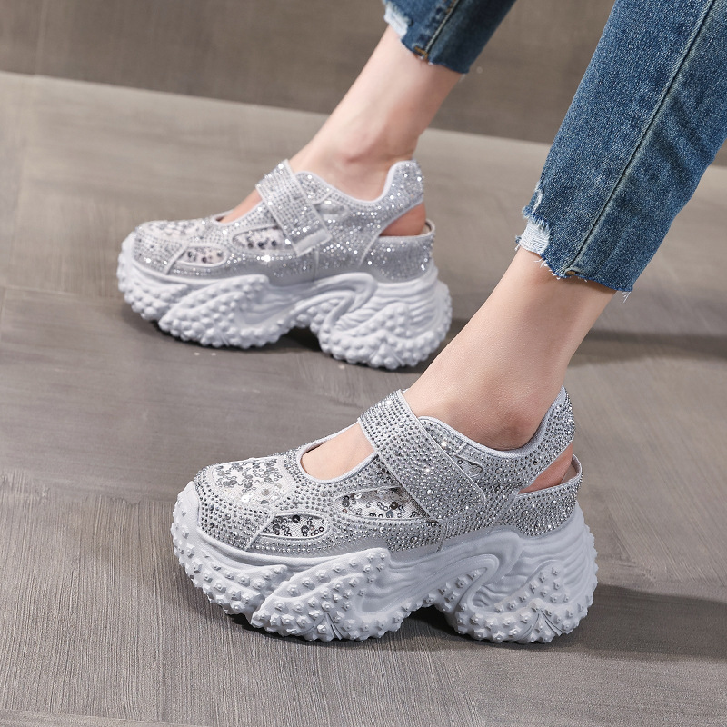 Sandal nữ đế dày đính đá phong cách La Mã, gót cao 8 cm — bạc